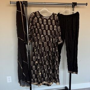 Brown and Gold Print Kurta set Outfit